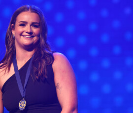 MELBOURNE, AUSTRALIA - SEPTEMBER 14: Emily Eaves from Williamstown speaks after winning the Lambert-Pearce Medal - VFLW Best and Fairest during the 2026 VFL and VFLW Awards at the Crown Palladium on September 14, 2026 in Melbourne, Australia. (Photo by Josh Chadwick/AFL Photos)