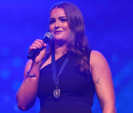 MELBOURNE, AUSTRALIA - SEPTEMBER 14: Emily Eaves from Williamstown speaks after winning the Lambert-Pearce Medal - VFLW Best and Fairest during the 2026 VFL and VFLW Awards at the Crown Palladium on September 14th, 2026 in Melbourne, Australia. (Photo by Josh Chadwick/AFL Photos)
