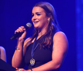 MELBOURNE, AUSTRALIA - SEPTEMBER 14: Emily Eaves from Williamstown speaks after winning the Lambert-Pearce Medal - VFLW Best and Fairest during the 2026 VFL and VFLW Awards at the Crown Palladium on September 14th, 2026 in Melbourne, Australia. (Photo by Josh Chadwick/AFL Photos)