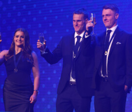 MELBOURNE, AUSTRALIA - SEPTEMBER 14: Emily Eaves from Williamstown the Lambert-Pearce Medal - VFLW Best and Fairest and George Stevens from Geelong and Trent Mynott from Frankston are joint winners of the J.J. Liston Trophy - VFL Best and Fairest cheers during the 2026 VFL and VFLW Awards at the Crown Palladium on September 14th, 2026 in Melbourne, Australia. (Photo by Josh Chadwick/AFL Photos)