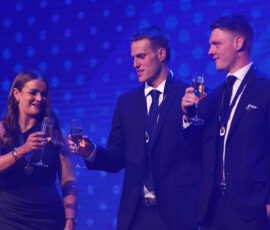 MELBOURNE, AUSTRALIA - SEPTEMBER 14: Emily Eaves from Williamstown the Lambert-Pearce Medal - VFLW Best and Fairest and George Stevens from Geelong and Trent Mynott from Frankston are joint winners of the J.J. Liston Trophy - VFL Best and Fairest cheers during the 2026 VFL and VFLW Awards at the Crown Palladium on September 14th, 2026 in Melbourne, Australia. (Photo by Josh Chadwick/AFL Photos)