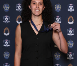 MELBOURNE, AUSTRALIA - SEPTEMBER 14: Mia Zielinski of Williamstown poses for a photo after wining the Rohenna Young Medal - Leading Goal Kicker during the 2026 VFL and VFLW Awards at the Crown Palladium on September 14th, 2026 in Melbourne, Australia. (Photo by Morgan Hancock/AFL Photos)