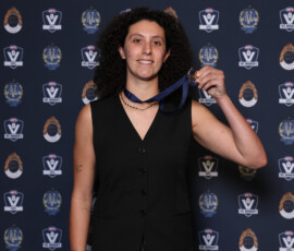 MELBOURNE, AUSTRALIA - SEPTEMBER 14: Mia Zielinski of Williamstown poses for a photo after wining the Rohenna Young Medal - Leading Goal Kicker during the 2026 VFL and VFLW Awards at the Crown Palladium on September 14th, 2026 in Melbourne, Australia. (Photo by Morgan Hancock/AFL Photos)