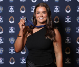 MELBOURNE, AUSTRALIA - SEPTEMBER 14: Emily Eaves from Williamstown poses for a photo after winning the Lambert-Pearce Medal - VFLW Best and Fairest during the 2026 VFL and VFLW Awards at the Crown Palladium on September 14th, 2026 in Melbourne, Australia. (Photo by Morgan Hancock/AFL Photos)