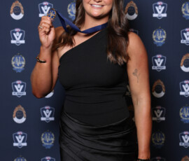 MELBOURNE, AUSTRALIA - SEPTEMBER 14: Emily Eaves from Williamstown poses for a photo after winning the Lambert-Pearce Medal - VFLW Best and Fairest during the 2026 VFL and VFLW Awards at the Crown Palladium on September 14th, 2026 in Melbourne, Australia. (Photo by Morgan Hancock/AFL Photos)
