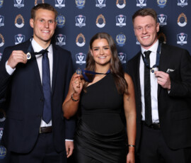 MELBOURNE, AUSTRALIA - SEPTEMBER 14: George Stevens from Geelong, Emily Eaves from Williamstown the Lambert-Pearce Medal - VFLW Best and Fairest with Trent Mynott from Frankston are joint winners of the J.J. Liston Trophy - VFL Best and Fairest during the 2026 VFL and VFLW Awards at the Crown Palladium on September 14th, 2026 in Melbourne, Australia. (Photo by Morgan Hancock/AFL Photos)